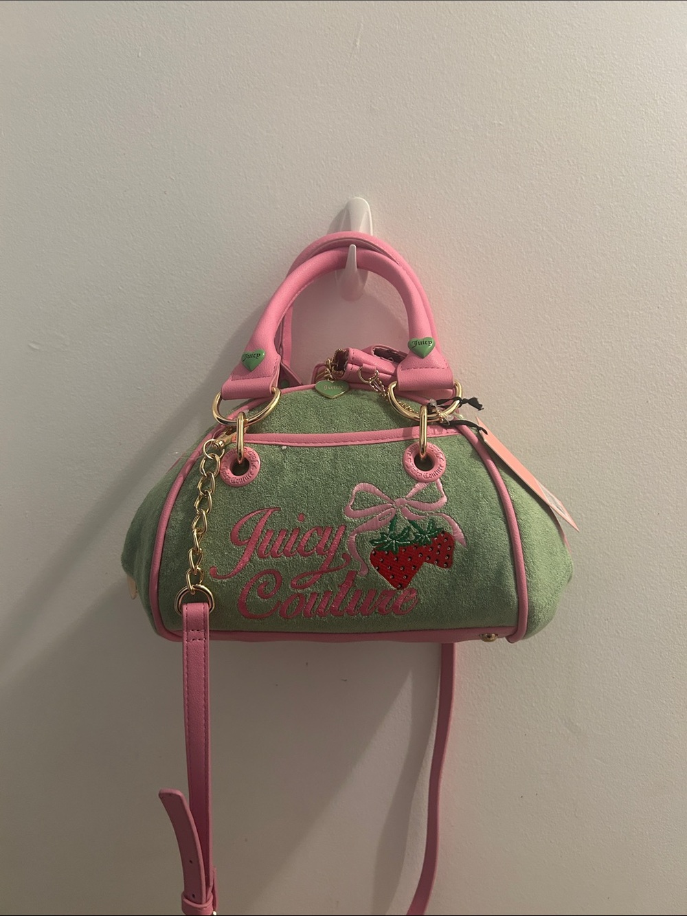 Juicy Couture Green Satchel with Pink Trim & Strawberry Embroidery